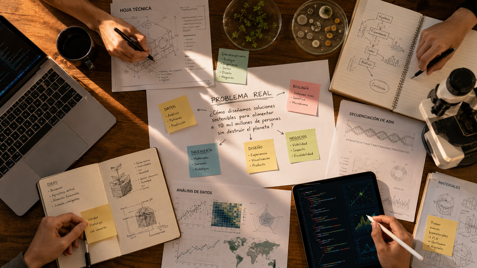 Mesa de trabajo donde convergen hojas técnicas, código y datos biológicos — los grandes problemas exigen saberes de disciplinas distintas.